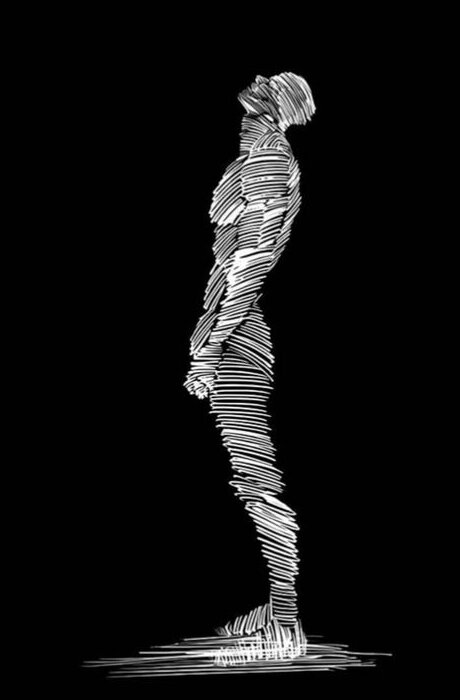 A line-drawn figure of a man standing still, head lifted