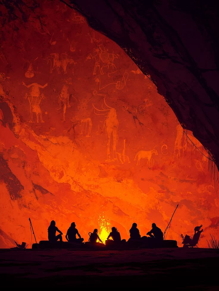Silhouettes of men sitting around a fire in front of a glowing cave wall painted with ancient figures