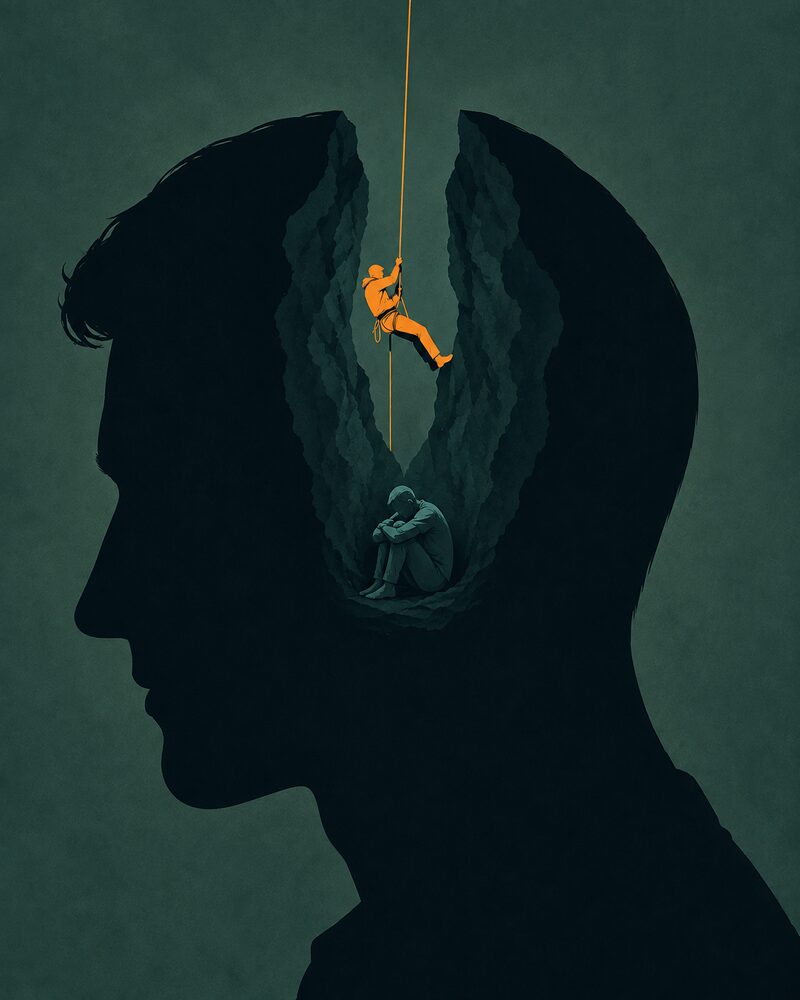 Illustration of a man's silhouette with a climber on a rope descending toward a figure curled up inside